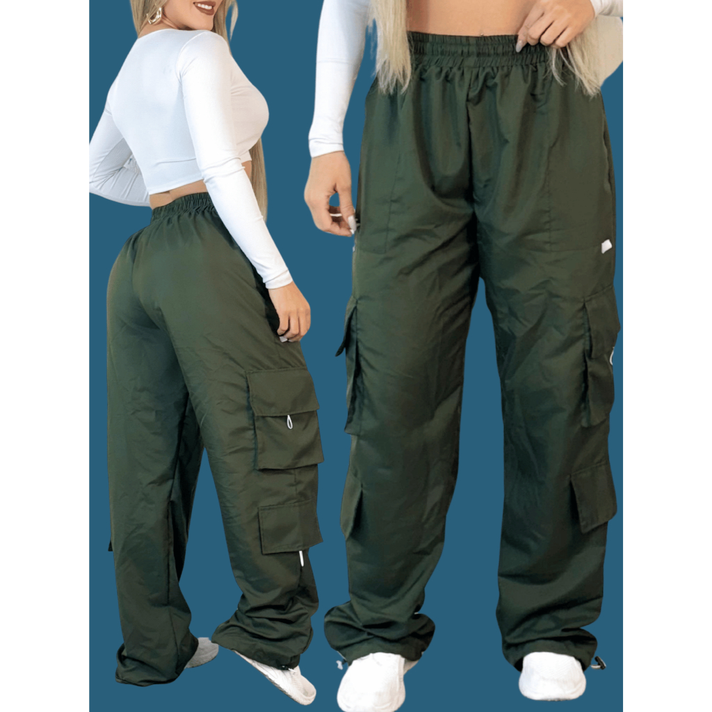 Calça Pantalona Feminina Cargo Wide Leg em Tactel Premium Com Bolsos e Secado Rápido