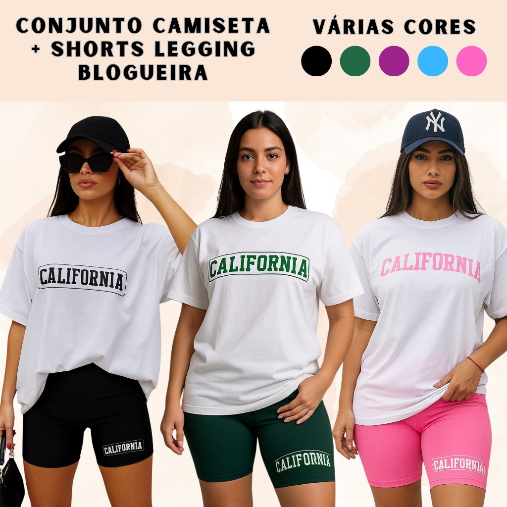 Conjunto Feminino Fitness Academia Bermuda Suplex Cós Alto Zero Transparência Camiseta Algodão Casual