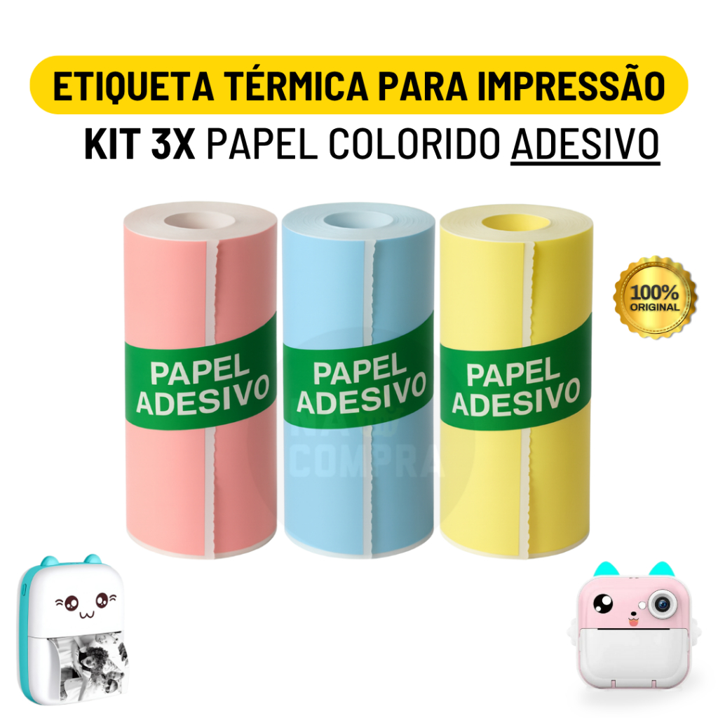 Kit 3 Bobina Rolo Etiqueta Térmica Adesiva 57mm Colorida Mini Impressora Portátil | Envio Imediato Kit 3 Bobina Rolo Etiqueta Térmica Adesiva 57mm Colorida Mini Impressora Portátil | Envio Imediato