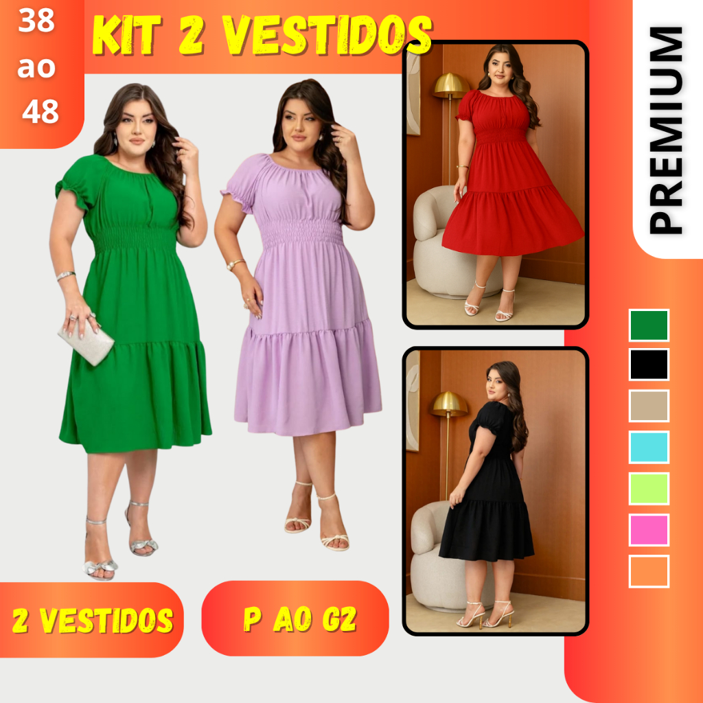 Kit 2 Vestido Midi Evangélico Plus Size Feminino Duas Marias Manga Curta Rodado