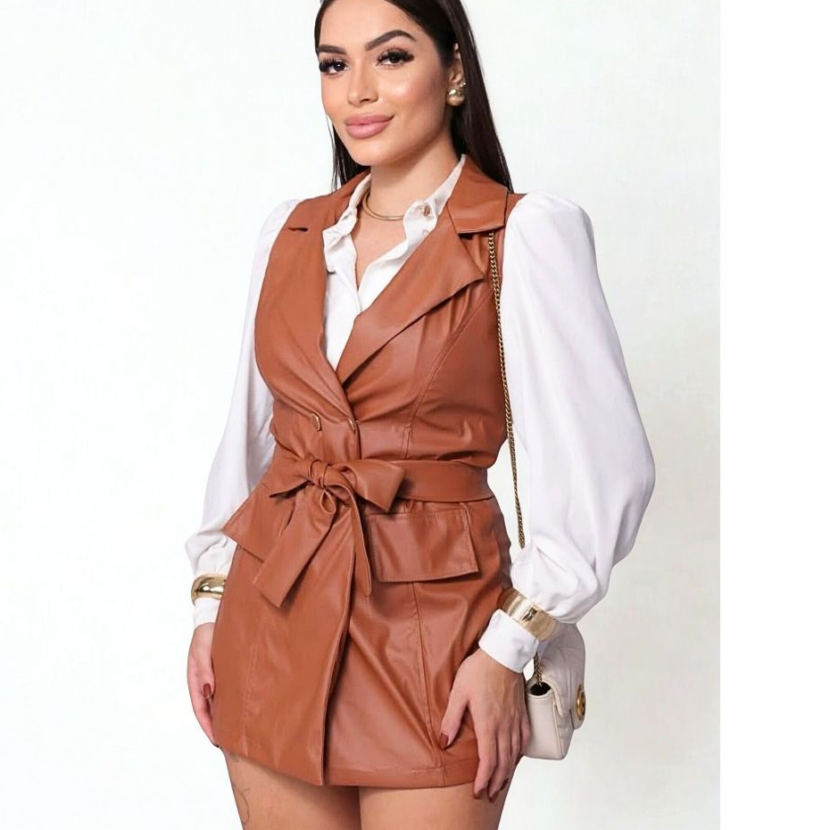 Macaquinho sem manga/Macaquinho de couro fake/Macaquinho Feminino,Tendência/Macaquinho Amarração
