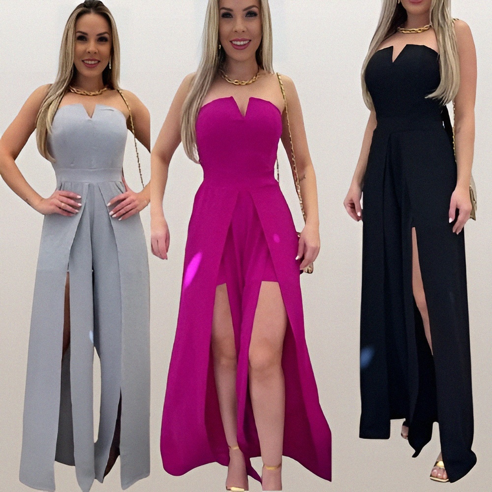 Macacão Feminino Longo Social Elegante Com Decote V e Fendas Premium