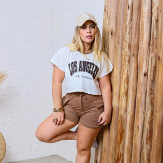 Conjunto Feminino Moletinho Short Cargo e Camiseta Los Angeles em Oferta na Shopee