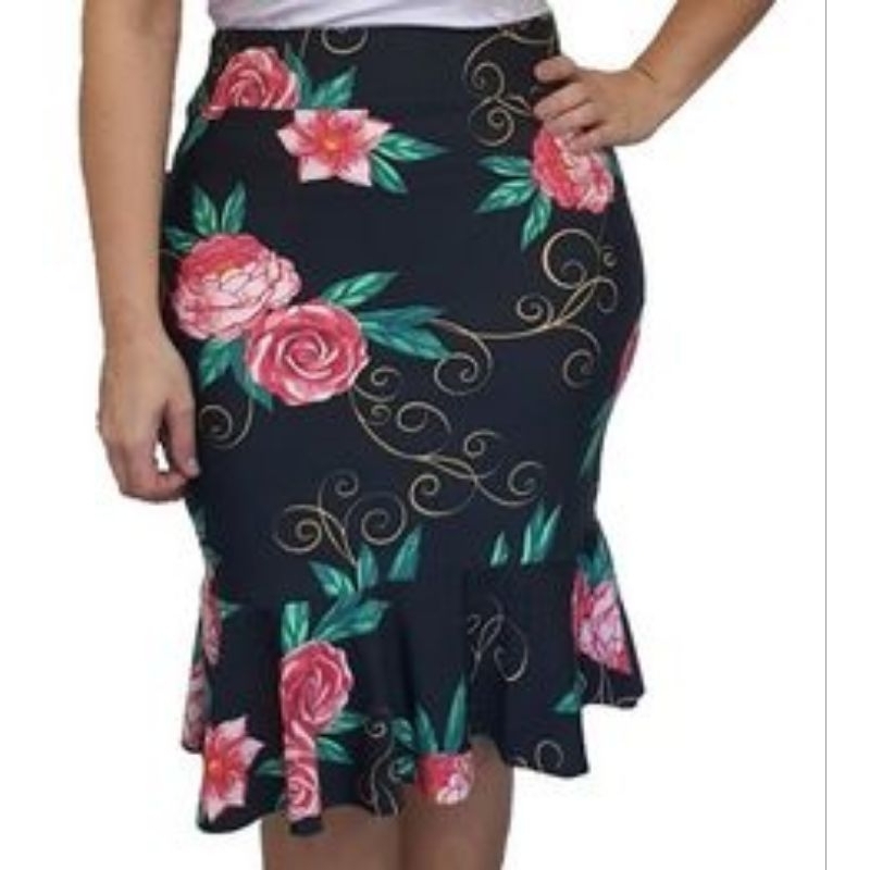 Saia com babado floral saia midi moda feminina evangelica em Oferta na Shopee