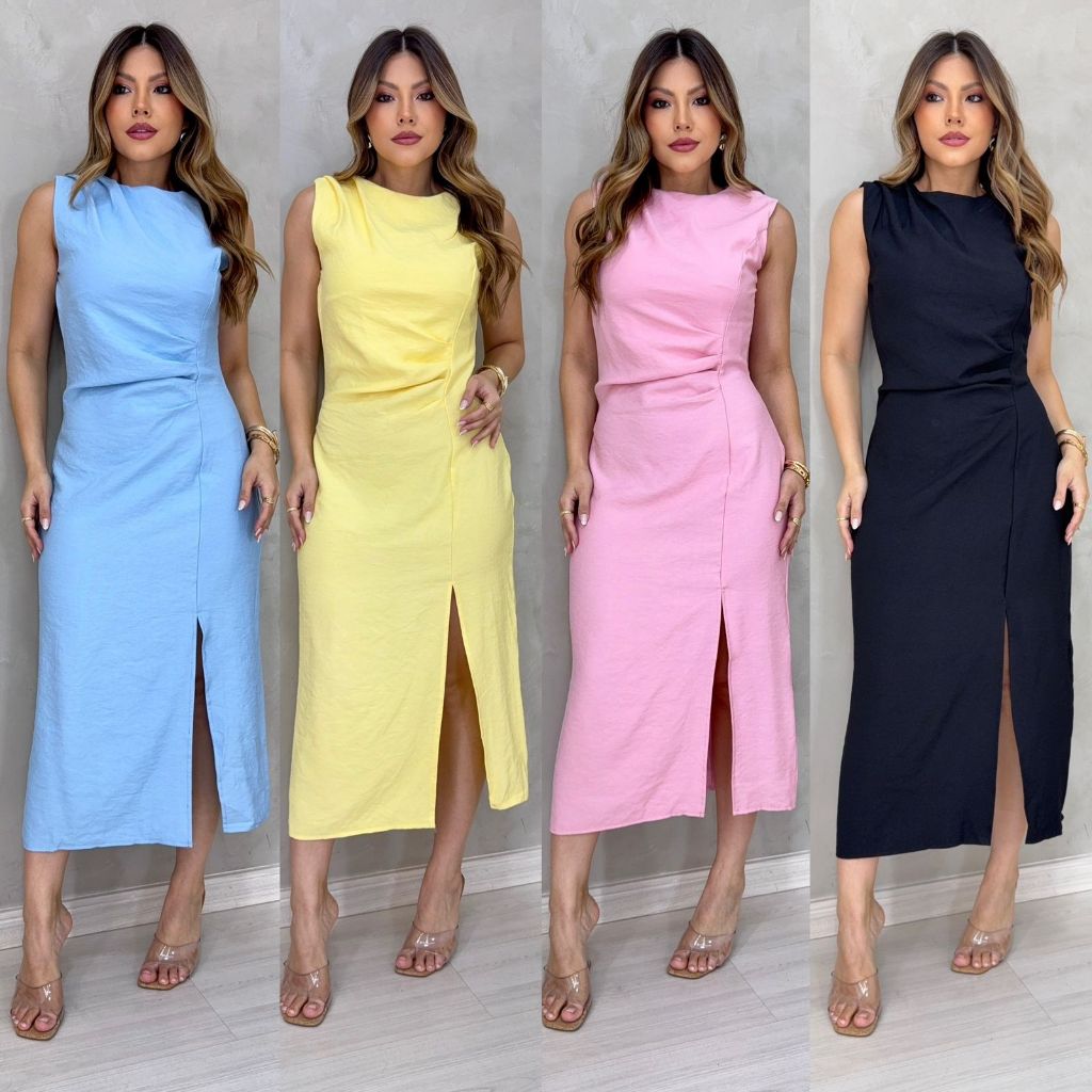 VESTIDO FEMININO SENSORIAL COM DETALHE DE PINÇAS: CONFORTO E ESTILO PARA TODOS OS MOMENTOS em Oferta na Shopee