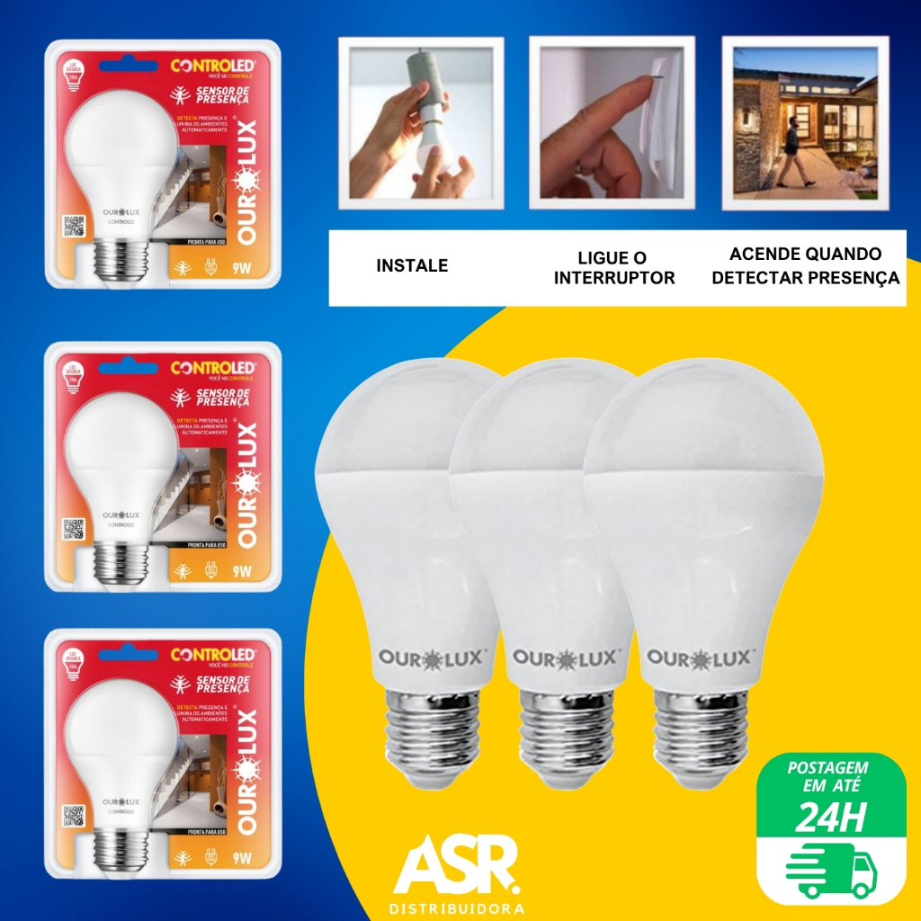 Kit 3 Lâmpadas Sensor de Presença 9W Controled 6500K 1 Ano Garantia