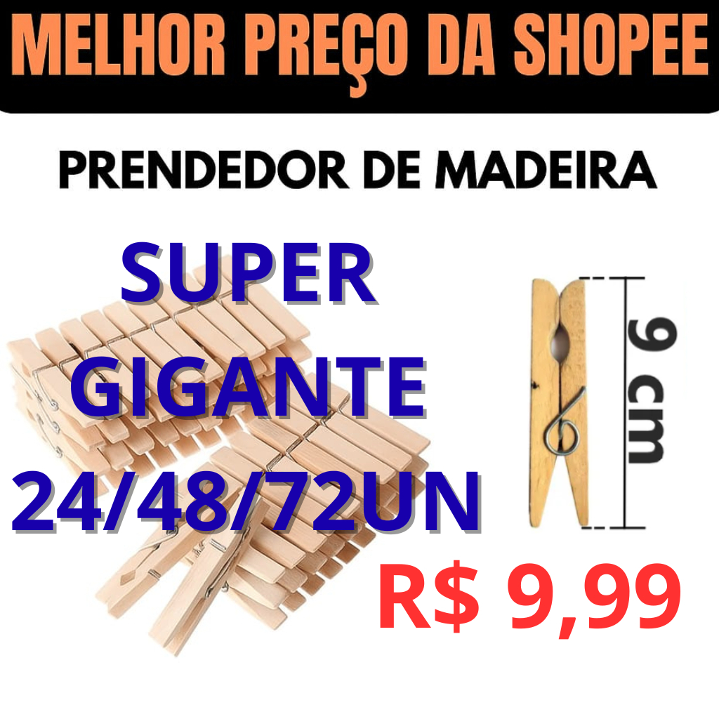 PRENDEDOR DE ROUPA MADEIRA, GRANDE, KIT 24/48/72/120 PREGADOR , VARAL, RESISTENTE, REFORÇADO. em Oferta na Shopee