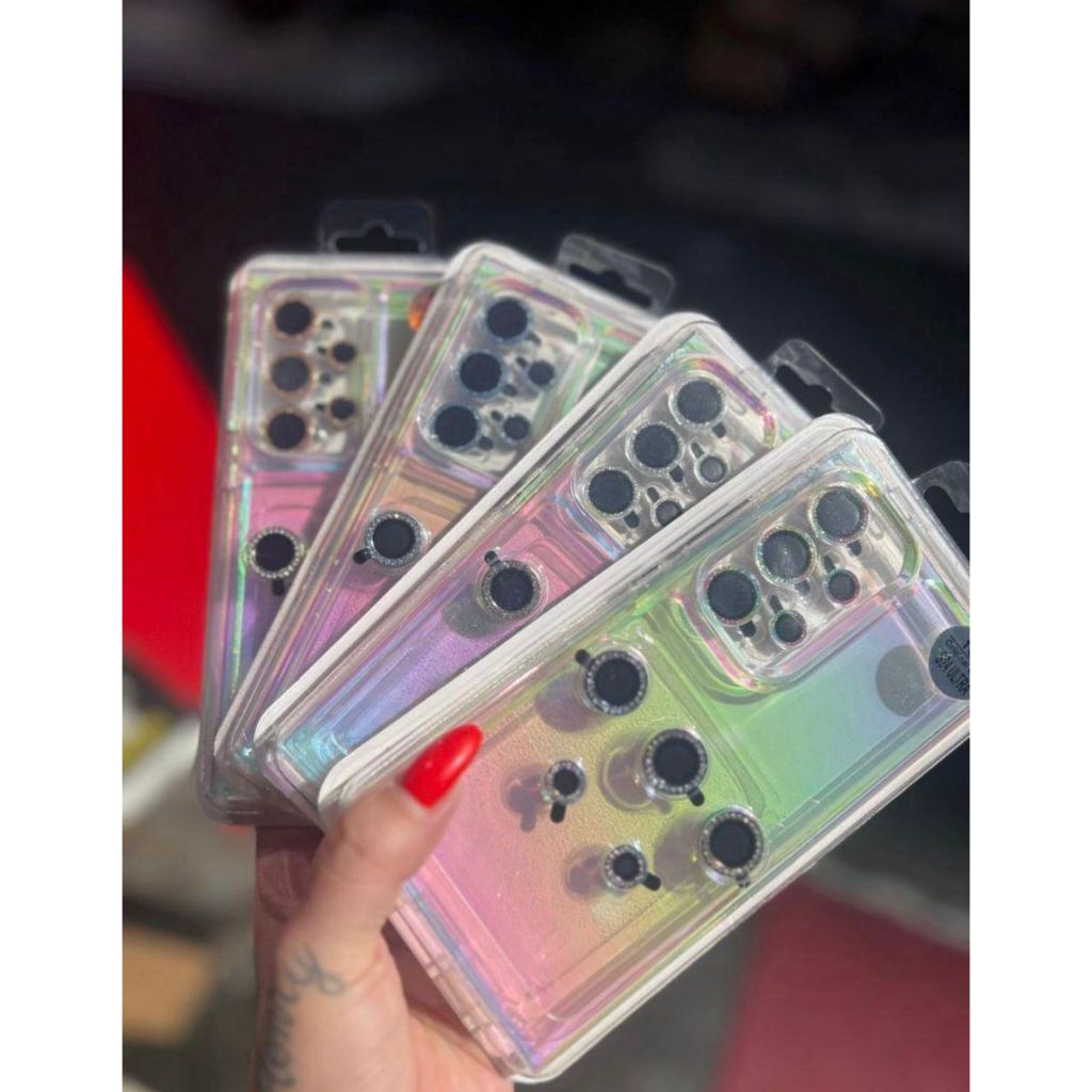 Capinha nova holográfica com brilho + kit película espelhada fruta cor para Samsung iPhone