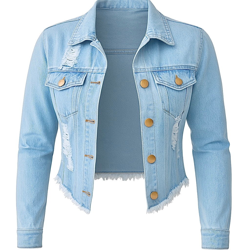 Jaqueta Jeans Feminina Denim Clara Desfiada Linha Premium Manga Longa