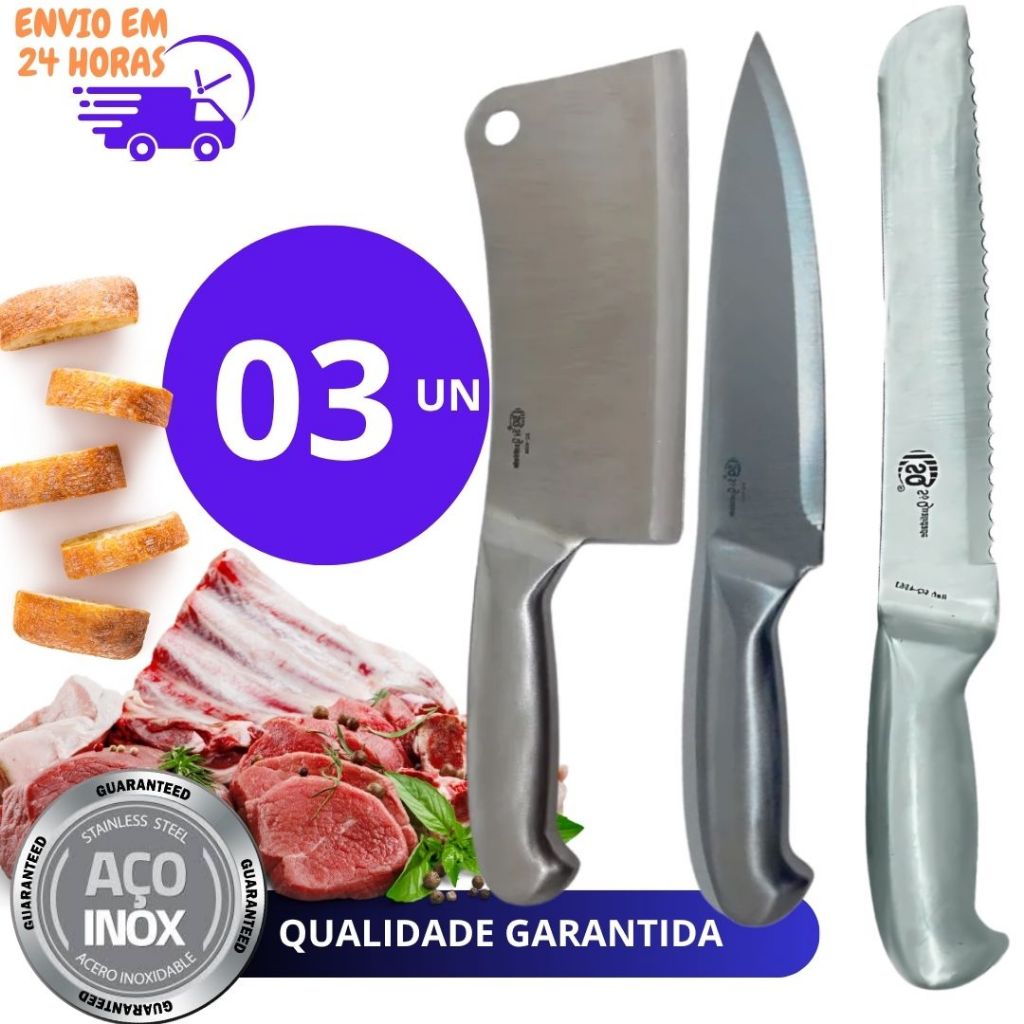 3 ou 2 Faca de Pão 8''Faca peixeira 7"Cutelo 6mm Inox Maciço Profissional Lâmina Corte de Precisão Churrasco