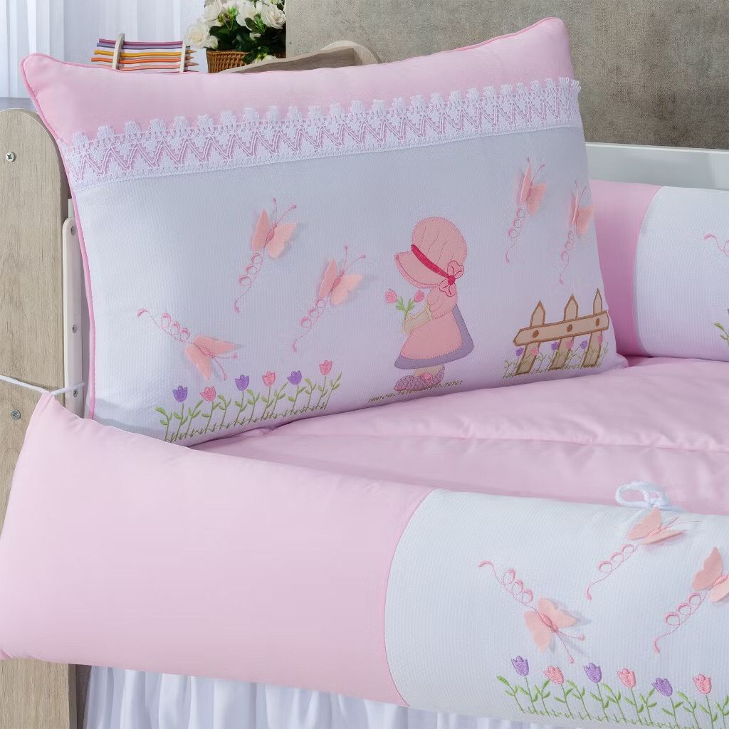 Kit Para Berço Americano 9 Peças 401 Jardineira (Camponesa) Branco/Rosa Menina Com Saia De Berço