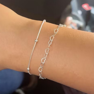 Kit 02 Pulseiras Prata 925 Femininas Bolinha e Coração a Prata 925