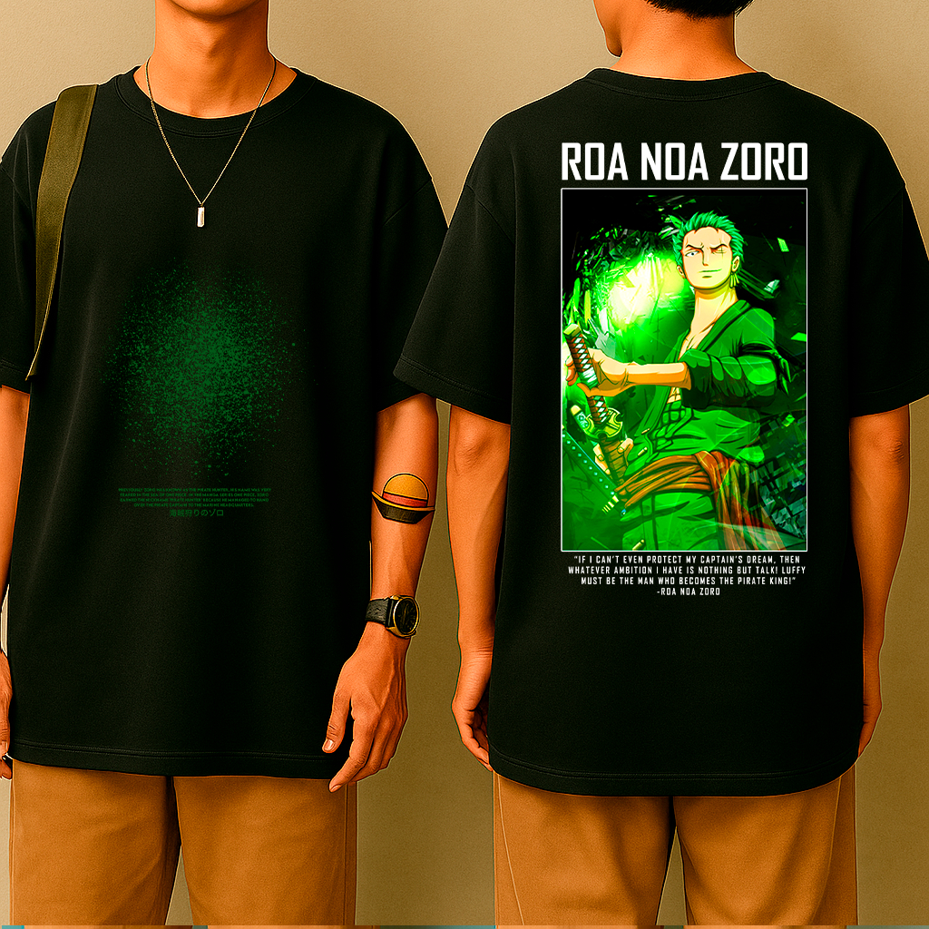 Camiseta Oversized Zorro Elemental – Espadachim Verde, Estampa Anime Mangá, Algodão Premium, Unissex, Estilo Geek Otaku