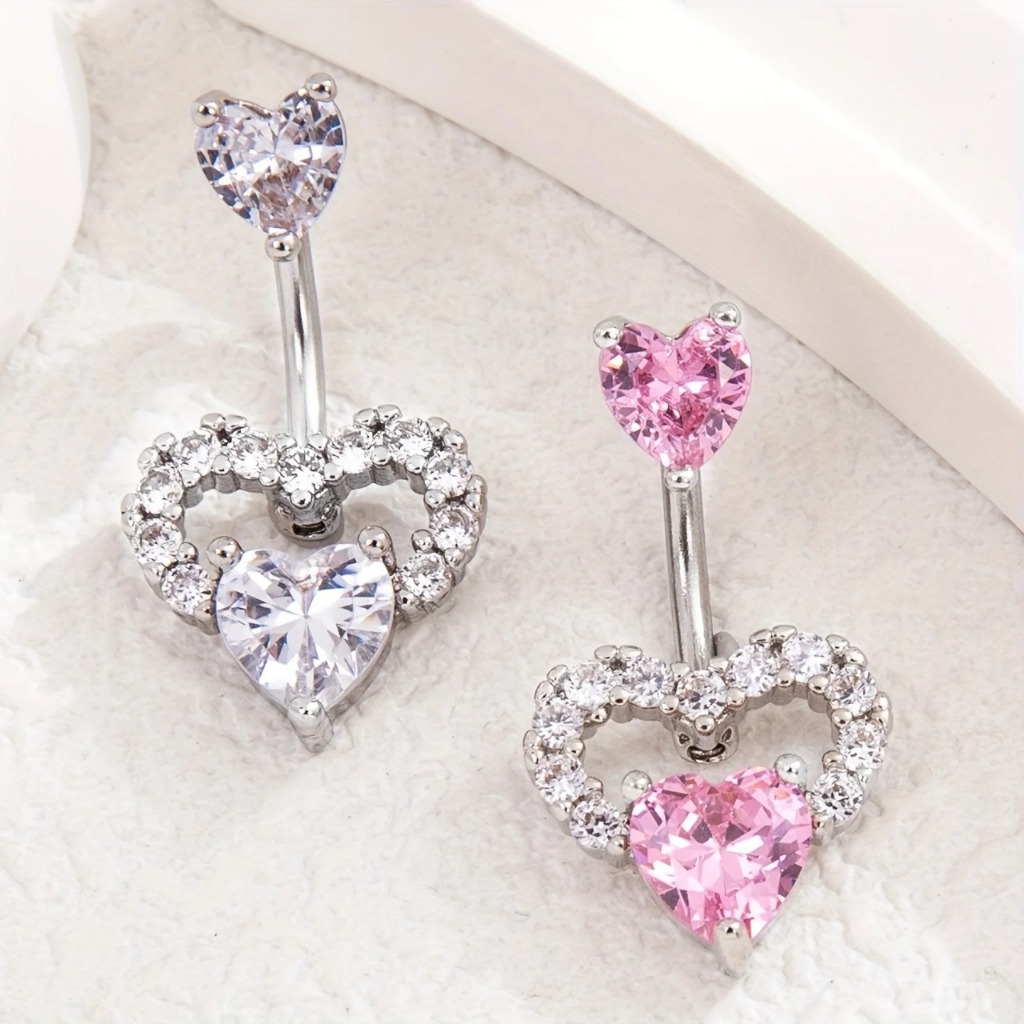 Piercing Umbigo Dois Corações Com Pedraria De Zircão-Prata SOPHIA