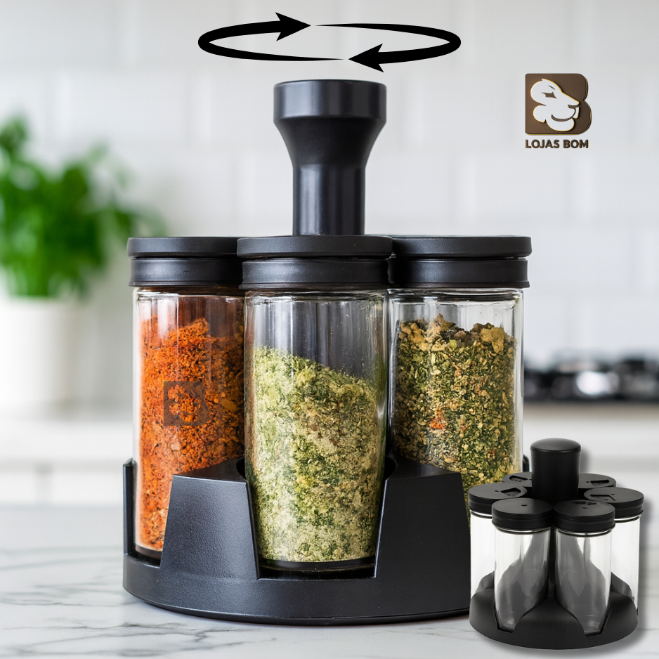 Porta Condimentos e Temperos Cozinha Giratório 6 Potes Vidro Porta Tempero Condimento + Suporte Gira