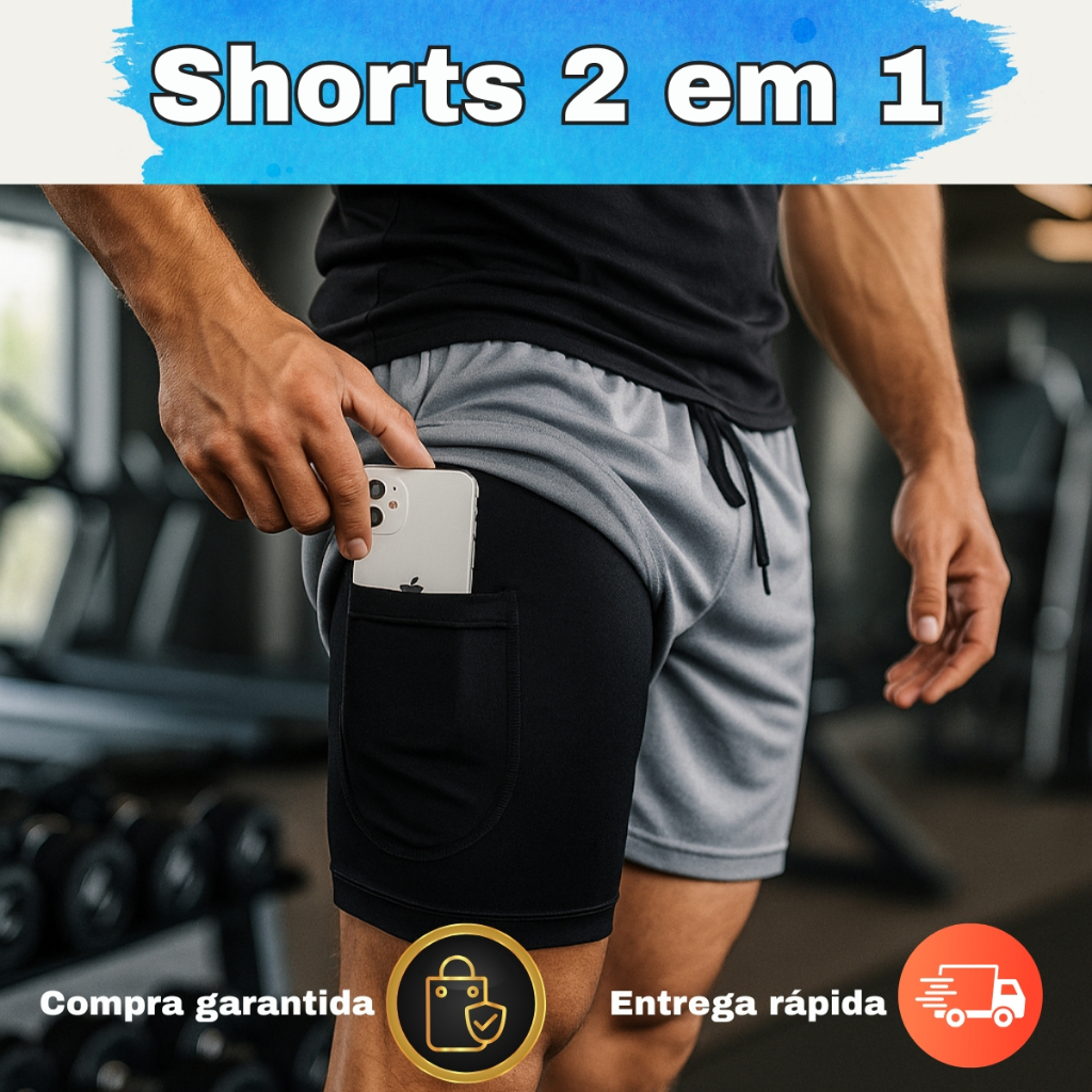 Kit 02 Shorts 2 em 1 Masculino Academia Fitness com Bolso Interno/Celular Secagem Rápida e Conforto