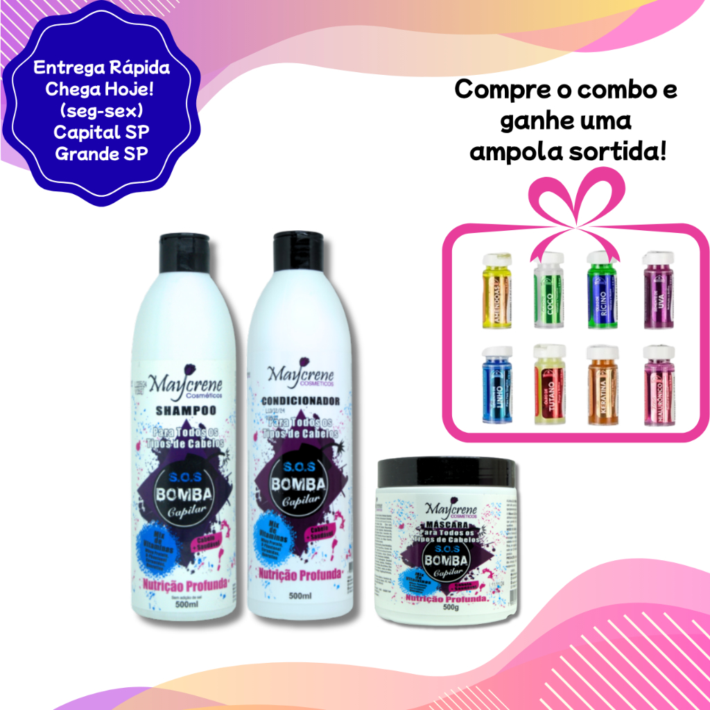 Kit S.O.S. Bomba Resgate Intensivo Maycrene Shampoo Condicionador Máscara Ampola em Oferta na Shopee