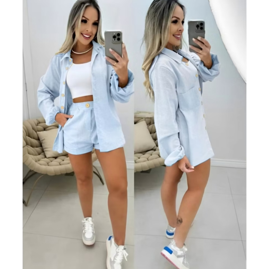 Conjunto Feminino Elegante Blazer + Short Azul bebe Estilo Social Chic Moda 2026