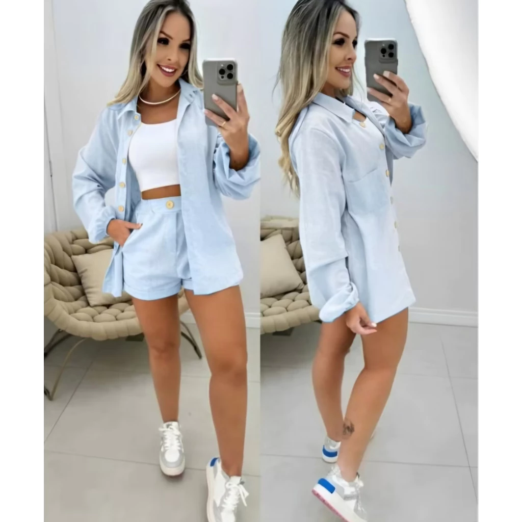 Conjunto Feminino Elegante Blazer + Short Azul bebe Estilo Social Chic Moda 2026 — imagem 1