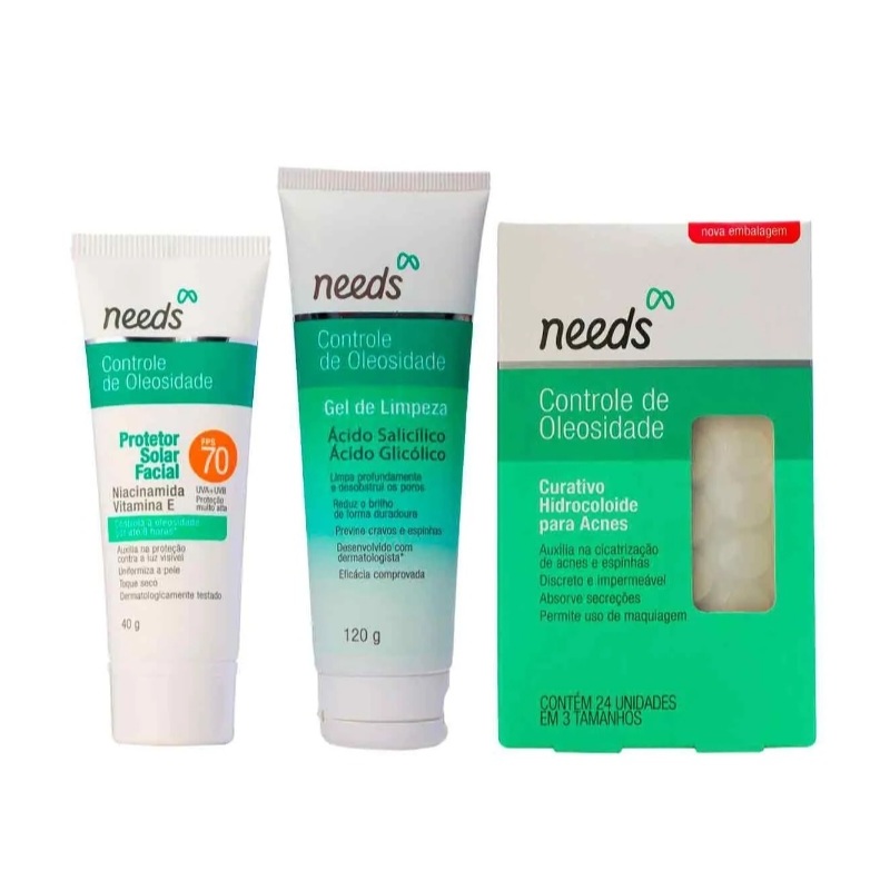 Kit Needs Gel de Limpeza Facial+ Curativo para Acne + Protetor Solar Facial FPS 70