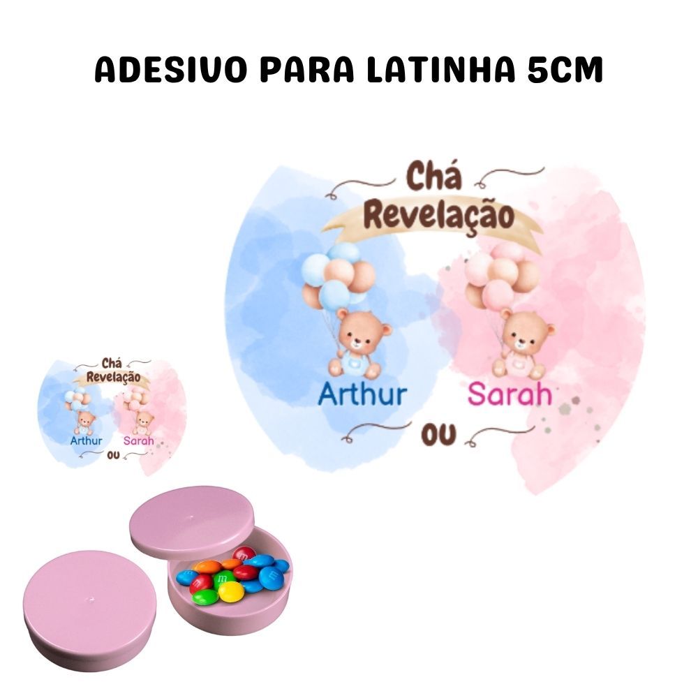 60 Adesivo Redondo 5cm Chá Revelação Ursinho e Ursinha Para Latinhas e Lembrancinhas
