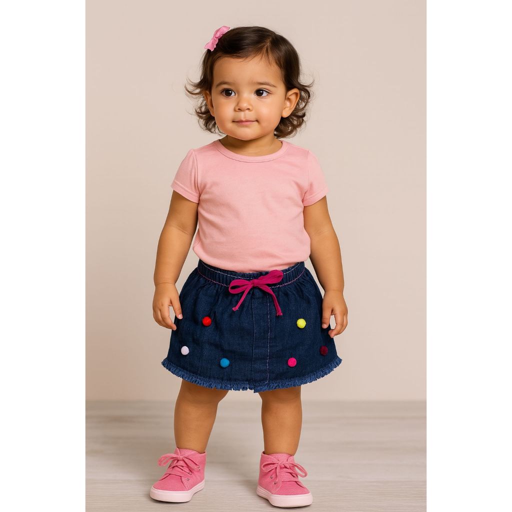 Saia Jeans Moda Infantil Menina Pompons Princesa Criança Elastico Cintura Bolinha Colorida Cor em Oferta na Shopee