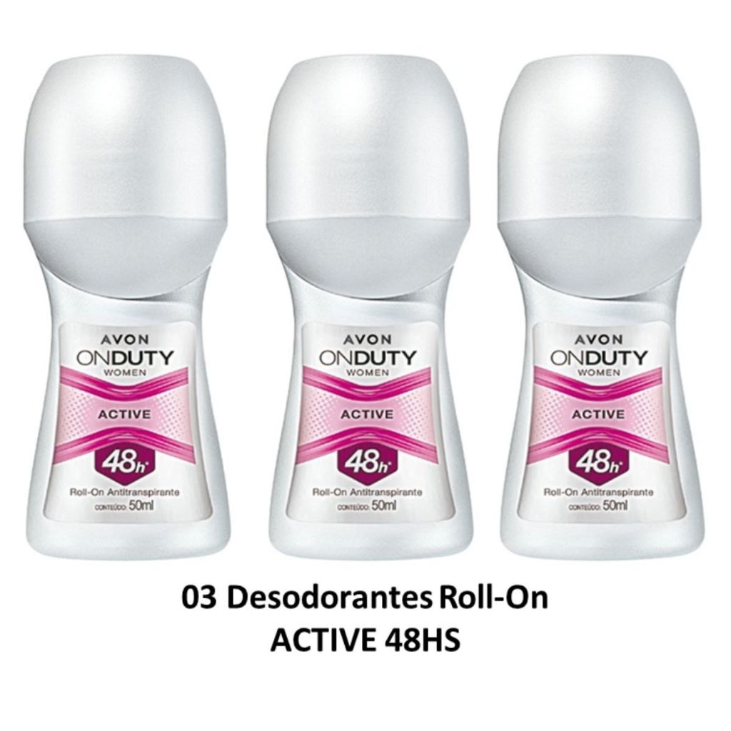 Kit com 3 unidades Desodorante Antitranspirante Roll-On Active On Duty 48 HORAS -  AVON - Feminino em Oferta na Shopee