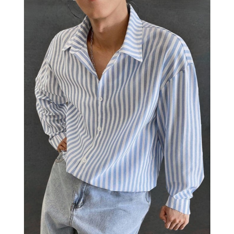 Camisa Casual de Manga Longa Urbana Estilo Colorido, com Gola de Arte Listrada Azul e Branca em Oferta na Shopee