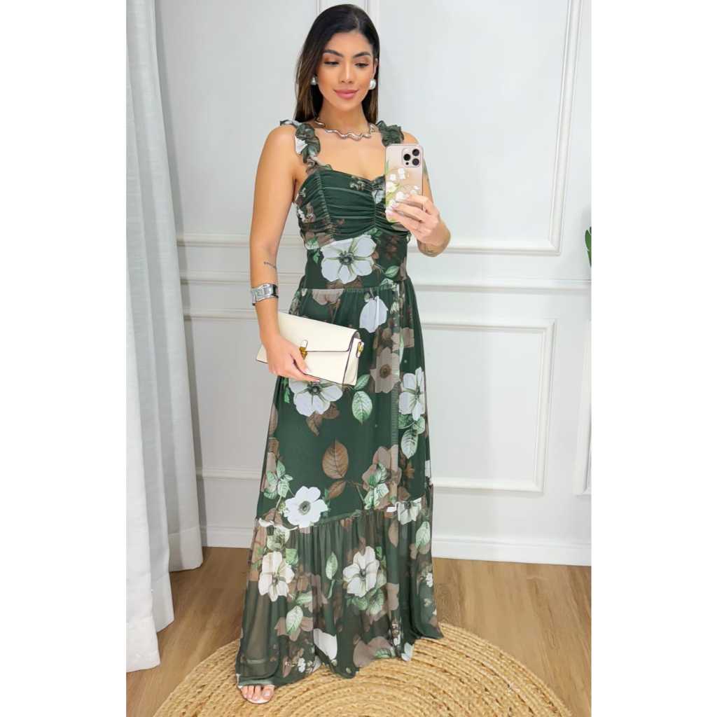 Vestido Longo de Tule Estampado Floral Dress com Bojo – Feminino, Elegante, Confortável e Versátil