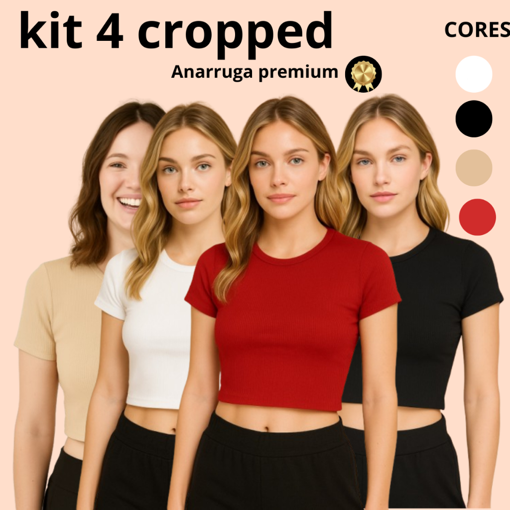 Kit 4 Cropped Feminino Canelada Camiseta Manga Curta Básica  Crooped Manguinha Cropet canelado