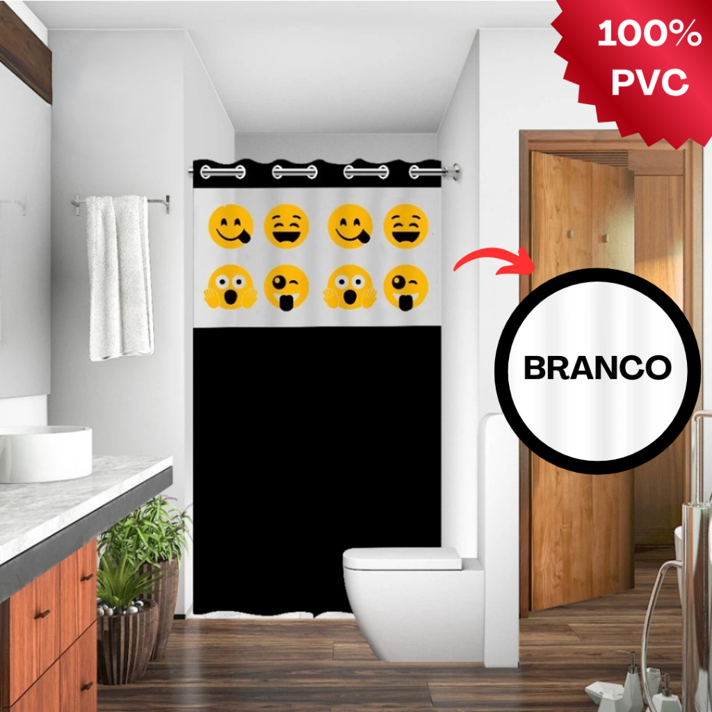 Cortina Box Banheiro Chuveiro c/ Visor Emoji Divertido c/Ilhos Antimofo Resistente Plástica 100% PVC