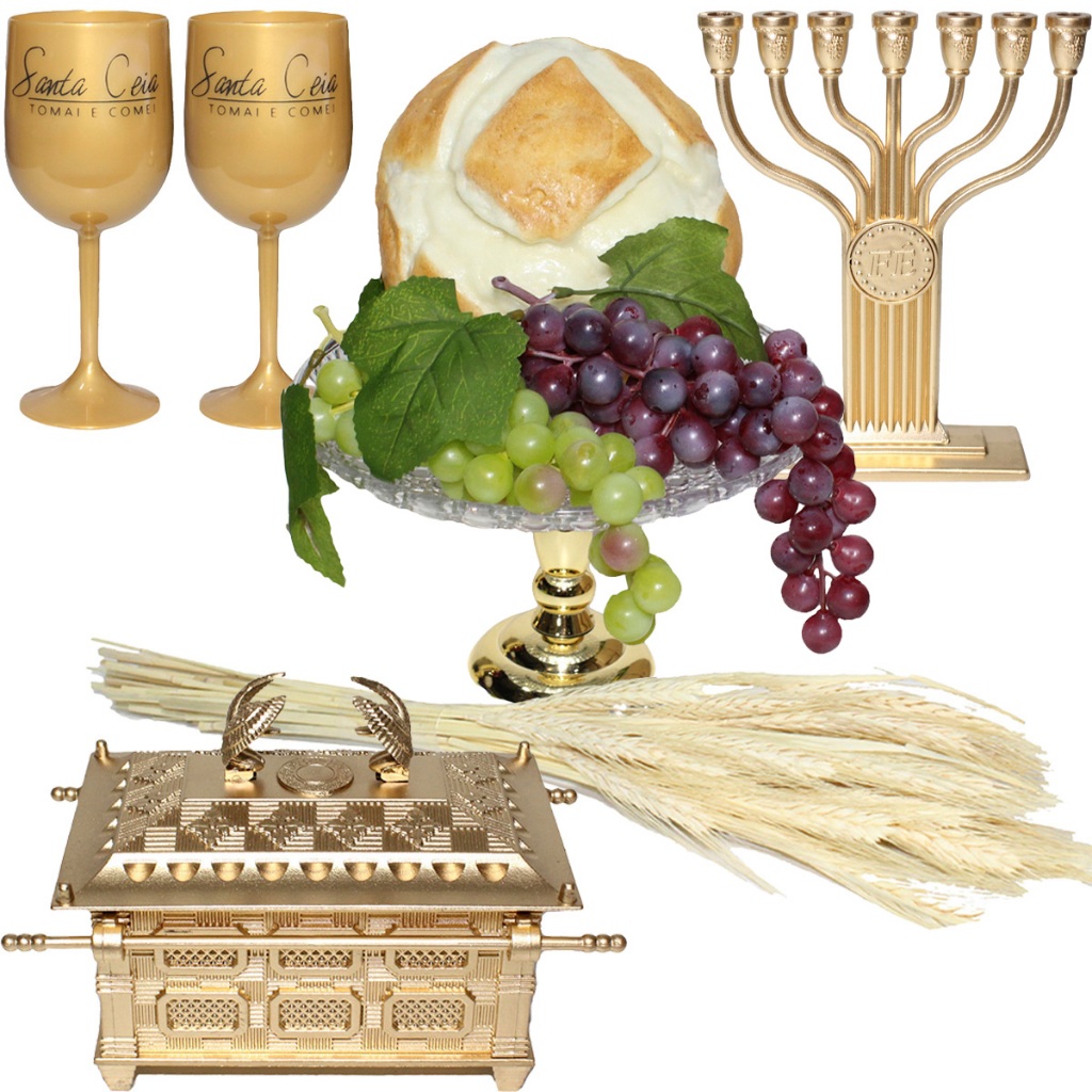 Kit Arranjo Santa Ceia Bandeja Pedestal Pão Taças Arca 15cm Candelabro Uvas e Trigo em Oferta na Shopee