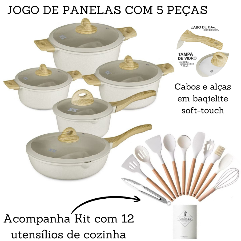 Jogo De Panelas 5 Peças Antiaderente Indução Gás Conjunto Revestido Cerâmica + Kit Utensílios De Cozinha 12 Peças em Oferta na Shopee