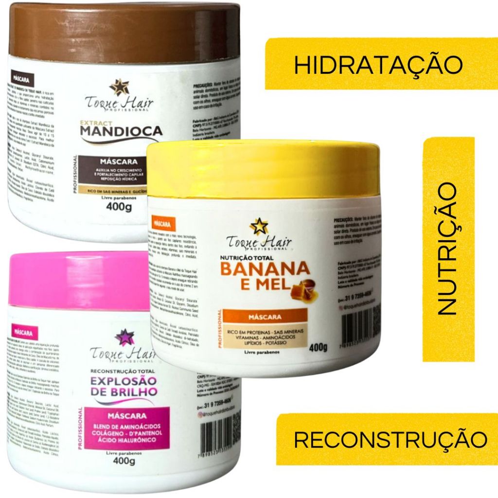 Kit Cronograma Capilar com 3 Passos Hidratação Nutrição e Reconstrução Profissional Toque Hair Cosméticos