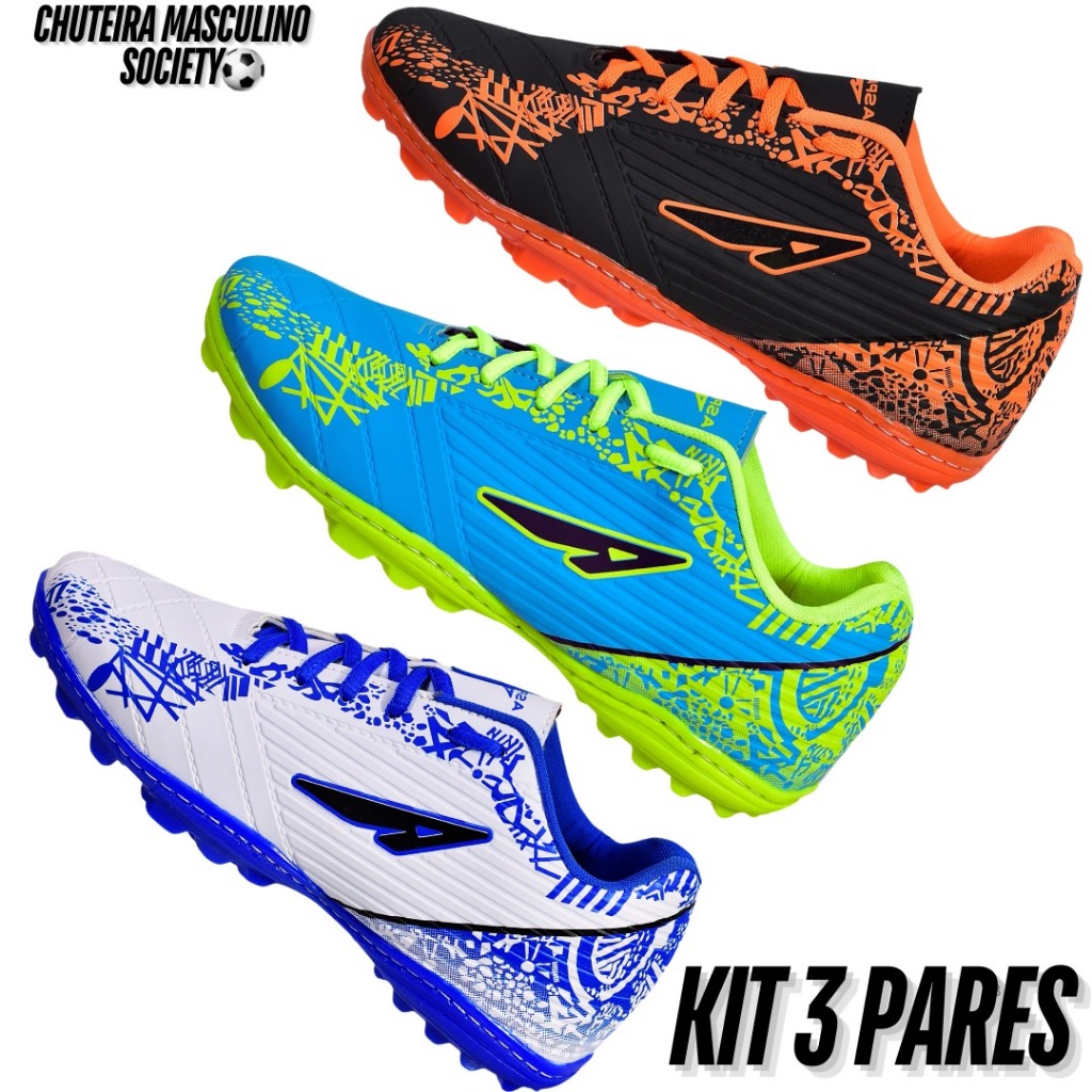 3 Pares Chuteira Adulto Gramado Sintetico Masculino Promoção Society Leve Macio Original