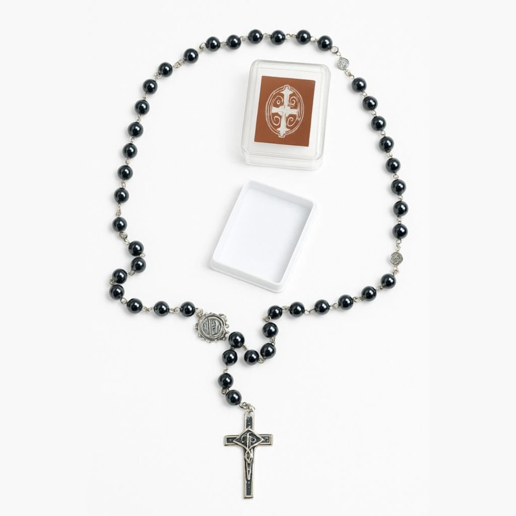 Terço Cruz Pedra Medalha São Bento Preto Caixinha - HEMATITAS