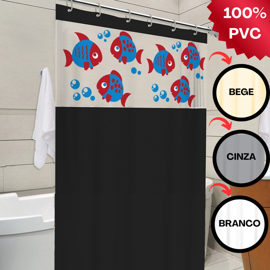 Cortina de Box para Banheiro com Visor – Estampa Aquário com Peixes | PVC Resistente, Antimofo, com Ganchos Inclusos