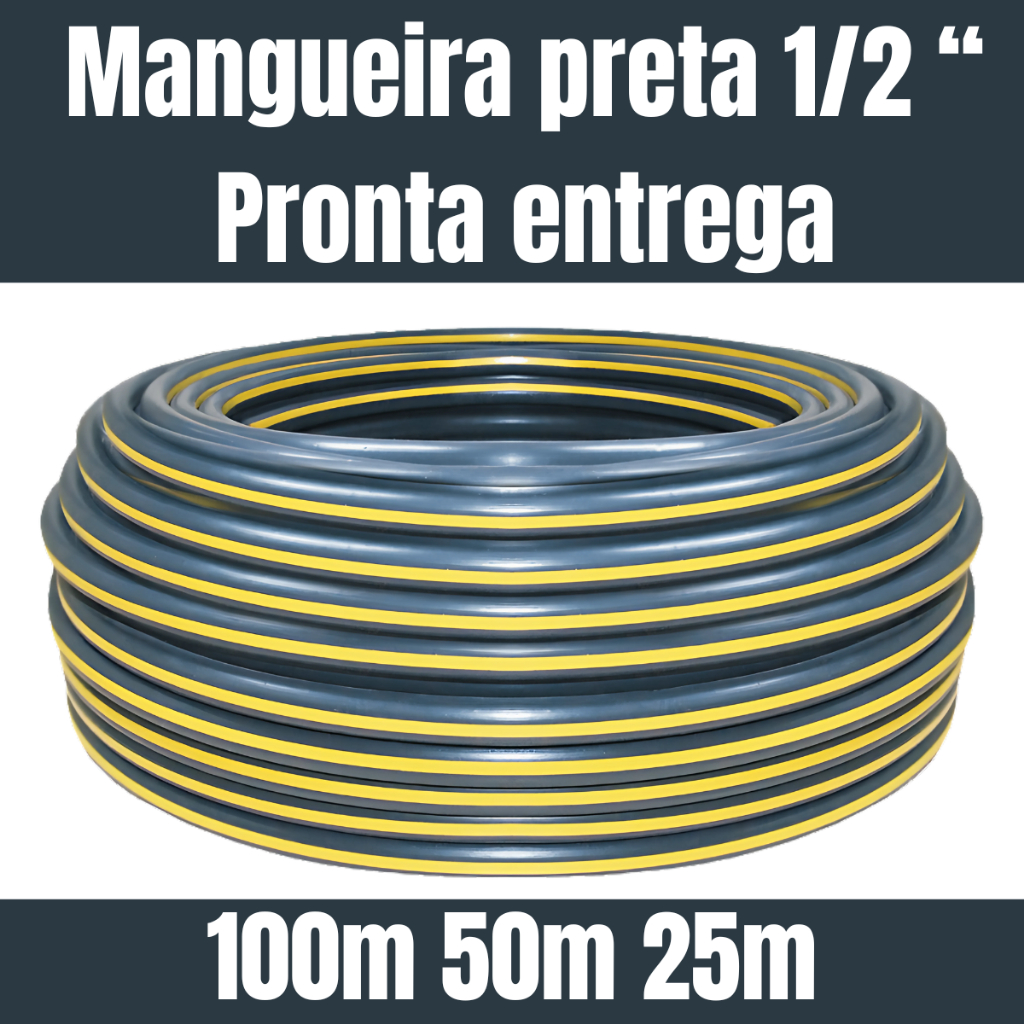 Mangueira Plástica Preta 1/2 Pol | Reforçada Flexível | Tubo PEBD Água Gotejamento 25m 50m 100m | Sem Furos | Rolo 100m