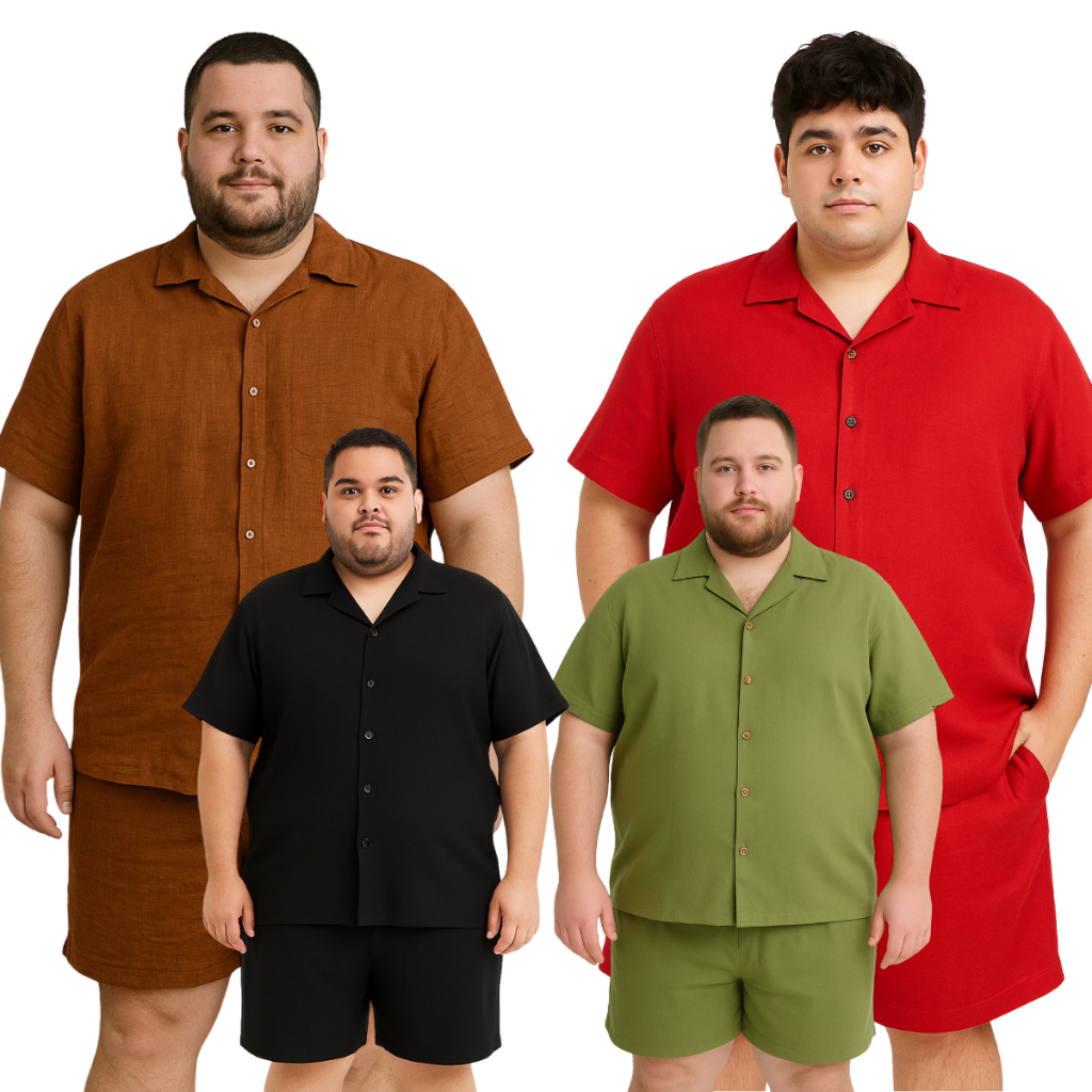 CONJUNTO MASCULINO ADULTO DE SHORTS E CAMISA PLUS SIZE NO VISCOSE G1,G2,G3 CORES LISAS PRETO BRANCO em Oferta na Shopee
