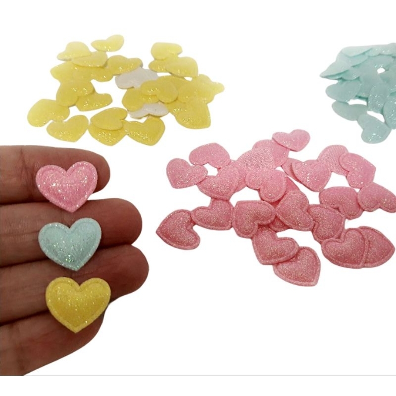Aplique Mini Corações Glitter Cores Candy Kit 30 ou 60 Unid.