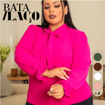 Blusa Camisa Social Plus/ Size Feminina Gola De Laço Manga Longa Moda 2026