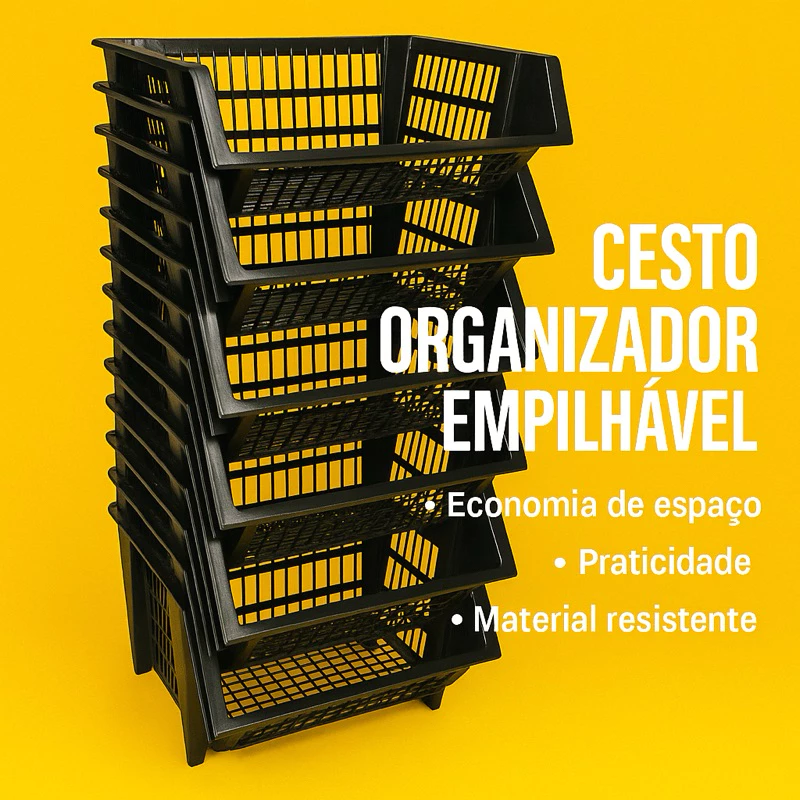Kit 2/4/6 Cesto Cestao Empilhavel Preto Expositor Reforçado Organizador Estoque Dispensa 20x44cm — imagem 1