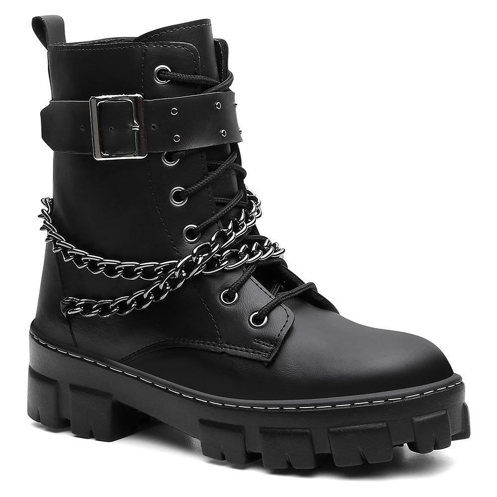 Bota Rock Tendencia Blogueiras Tratorada Feminina Coturno Fivela e Corrente Fechamento Ziper