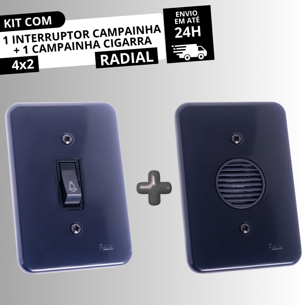 Conjunto 4x2 1 Interruptor Campainha + Campainha Cigarra Linha Pollar Black RADIAL