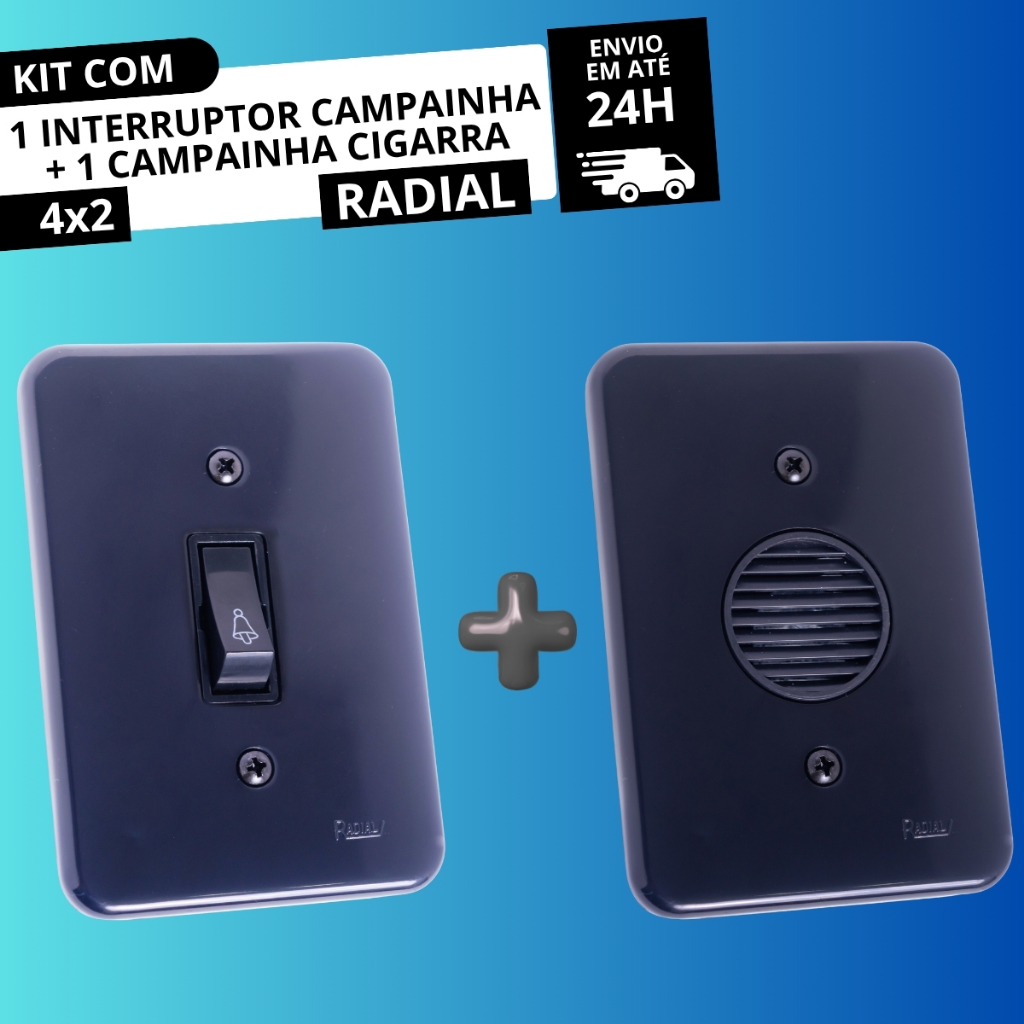 Conjunto 4x2 1 Interruptor Campainha + Campainha Cigarra Linha Pollar Black RADIAL