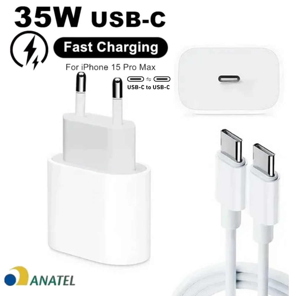 Carregador iPhone 15 16 Pro Max 35w Tipo C Turbo Cabo Fonte USB-C Completo Original Lacrado PD 1m Rápido Compatível