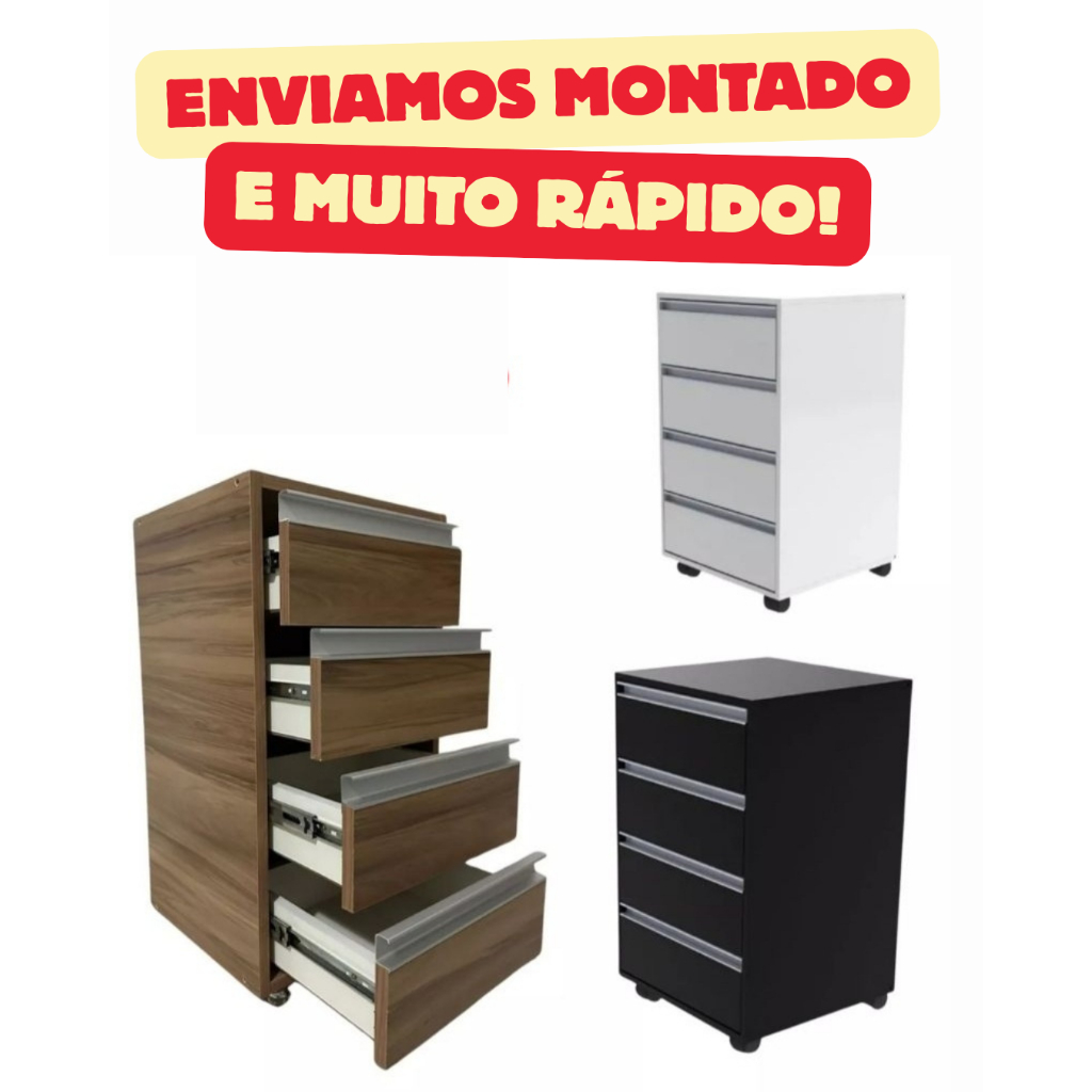 Gaveteiro com Rodinhas 4 Gavetas – Enviado Montado | Ideal para Escritório e Quarto 100% MDF em Oferta na Shopee