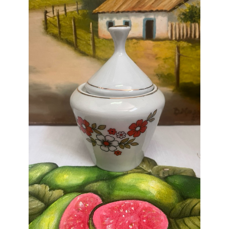 Belíssima  açucareiro em porcelana Pozzani Jundiái vintage com policromia  floral