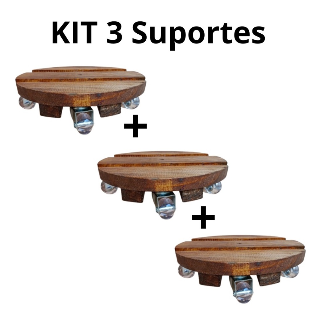 KIT 3 SUPORTES CARRINHO DE MADEIRA PARA VASOS DE PLANTAS COM RODINHAS GEL GIRATÓRIAS 25 CM