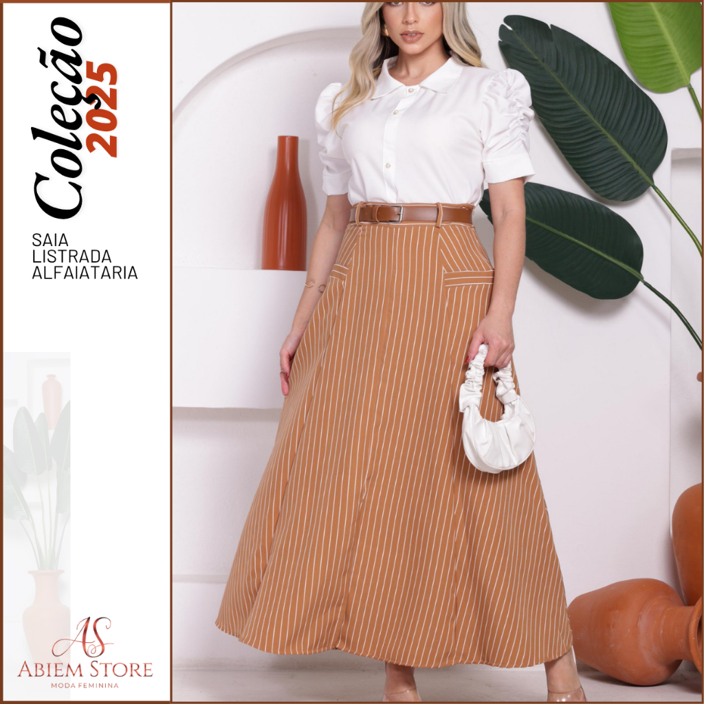Saia Alfaiataria Listrada Longa Feminina Moda Elegante Evangélica Social com Cinto Alfaiataria em Oferta na Shopee